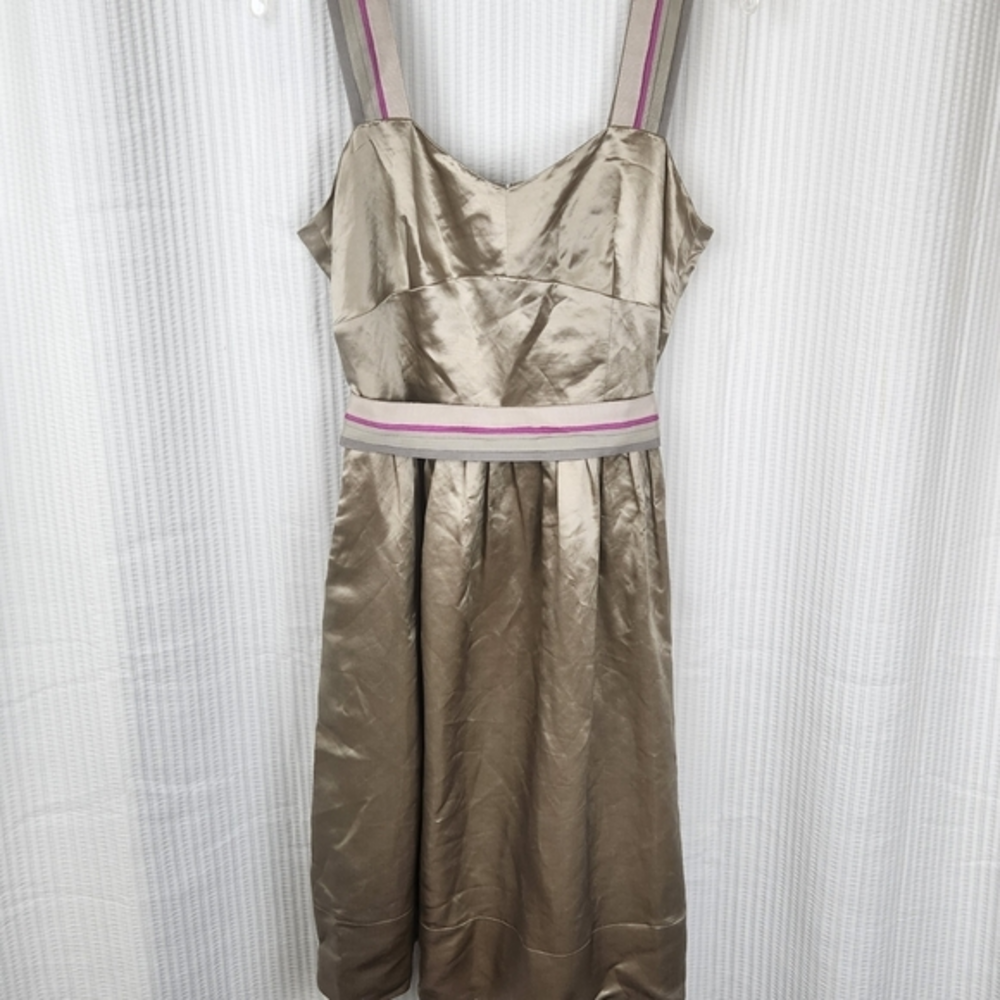 Nougat London Linen Silk Blend Belted Dress Sz 3 Gold Pockets Formal‎ Guwst